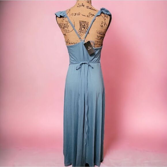 Blue Ruffled V Neck Style Wrap Dress Size Med New With Tags - Picture 2 of 11